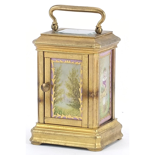 260 - Miniature brass cased carriage clock with Sevres style panels hand painted with females, 7cm high