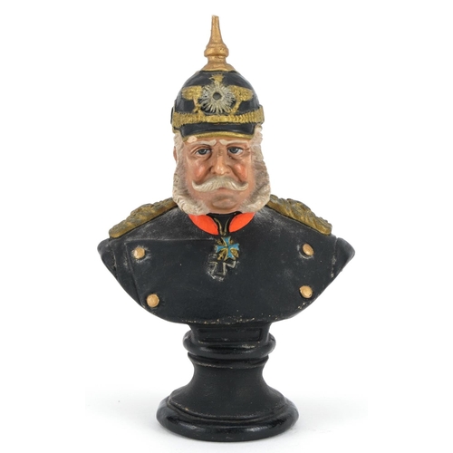 356 - German hand painted terracotta bust of Kaiser Wilhelm I in military dress by Deponirt, 11.5cm high