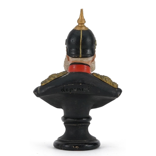 356 - German hand painted terracotta bust of Kaiser Wilhelm I in military dress by Deponirt, 11.5cm high