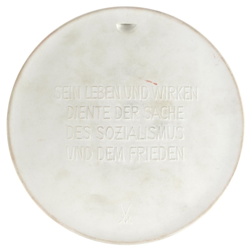 351 - Large Meissen parian plaque housed in a fitted silk lined case, the plaque 15cm in diameter