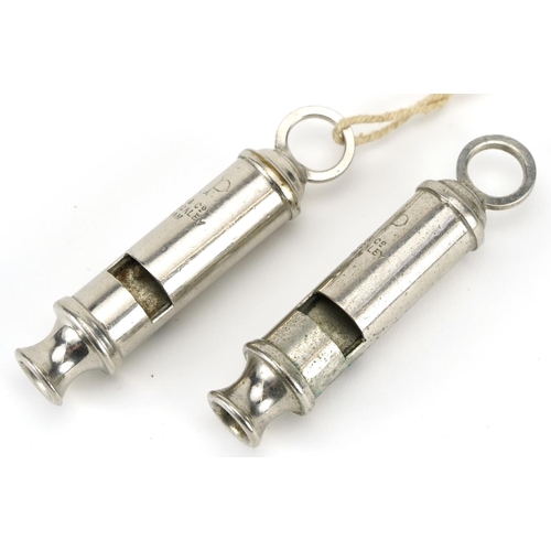 1380 - Two military interest World War II ARP Warden's whistles, Hudson & Co Birmingham, each 8.5cm in leng... 