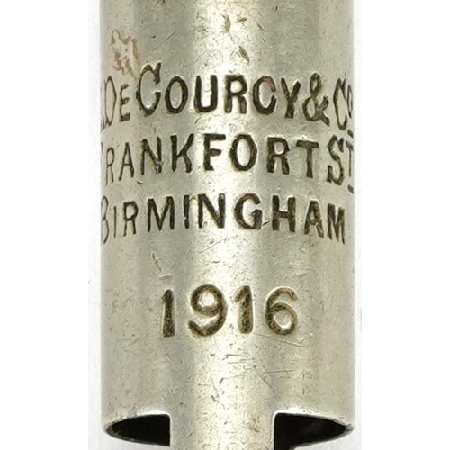 1381 - Military interest World War I whistle A. de Courcy & Co, Frankfort Street Birmingham dated 1916, on ... 