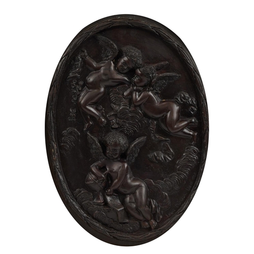 389 - After Louis Beataux, French bronze plaque embossed with three Putti housed in a giltwood frame, over... 