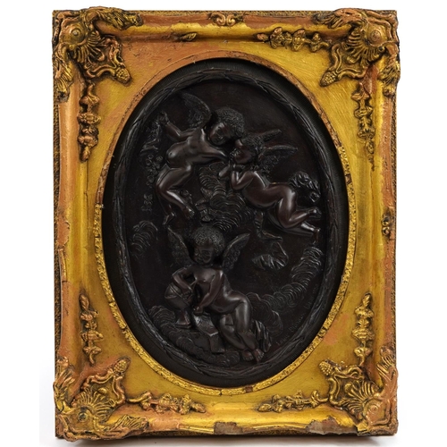 389 - After Louis Beataux, French bronze plaque embossed with three Putti housed in a giltwood frame, over... 