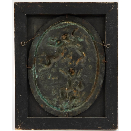 389 - After Louis Beataux, French bronze plaque embossed with three Putti housed in a giltwood frame, over... 