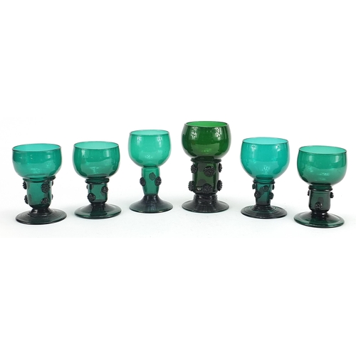 359 - Six 18th/19th century Bohemian style English green glass hock glasses, the largest 14cm high