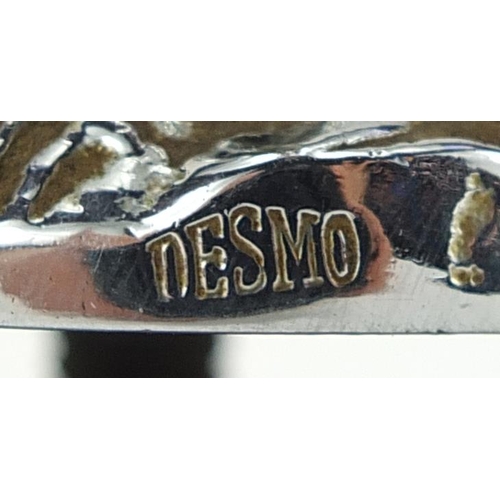 159 - Desmo, vintage chrome plated car mascot in the form of a jockey on horseback raised on later ebonise... 