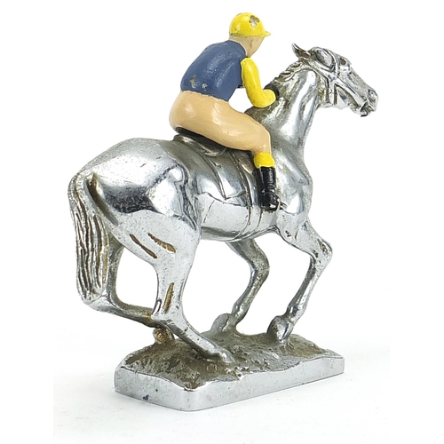 158 - Vintage chrome plated car mascot in the form of a jockey on horseback with painted jockey, 13cm in l... 