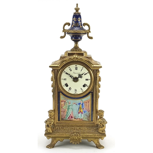 149 - French style gilt metal mantle clock with circular dial having Roman and Arabic numerals and panel d... 