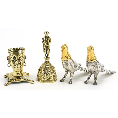 608 - Metalware including bronze Napoleon bell and pair of Canadian salt and pepper cellars, the largest e... 