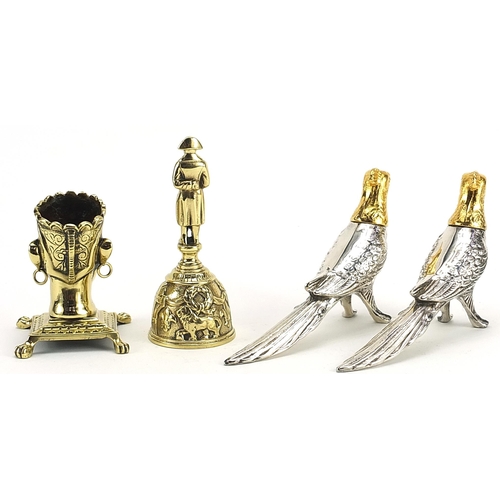 608 - Metalware including bronze Napoleon bell and pair of Canadian salt and pepper cellars, the largest e... 