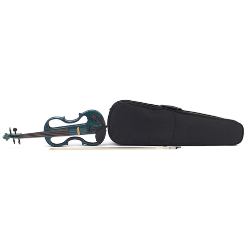 401 - Carlo Giordano blue electric violin with bow and protective case, the violin back 14.5 inches in len... 