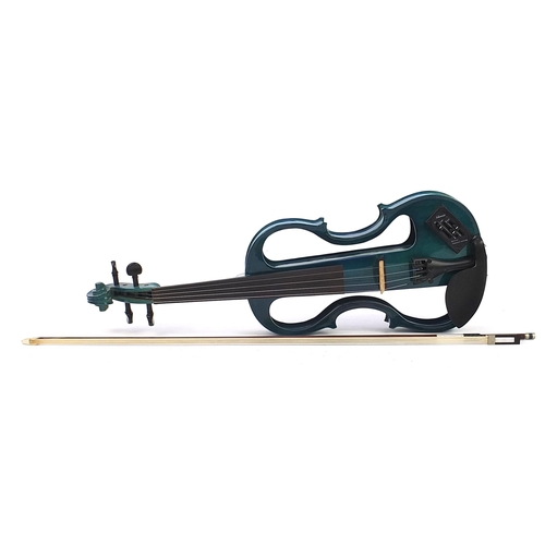 401 - Carlo Giordano blue electric violin with bow and protective case, the violin back 14.5 inches in len... 