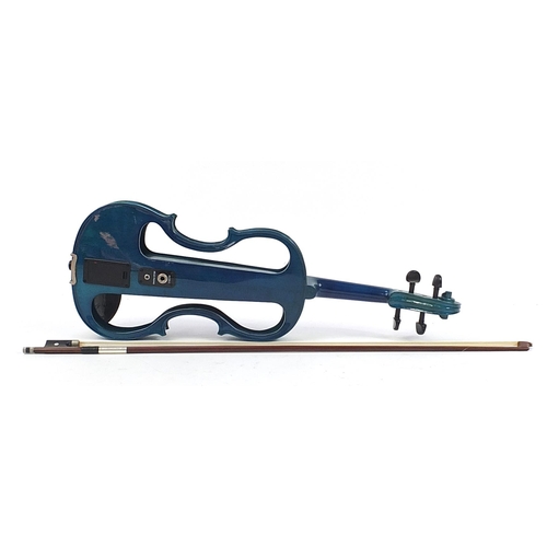 401 - Carlo Giordano blue electric violin with bow and protective case, the violin back 14.5 inches in len... 