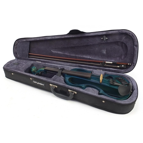 401 - Carlo Giordano blue electric violin with bow and protective case, the violin back 14.5 inches in len... 