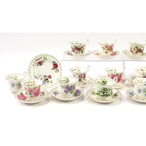 453 - Collection of Royal Albert Flower of the Month series cups, saucers and side plates, the largest, th... 