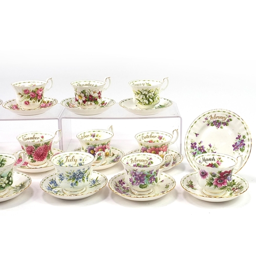 453 - Collection of Royal Albert Flower of the Month series cups, saucers and side plates, the largest, th... 