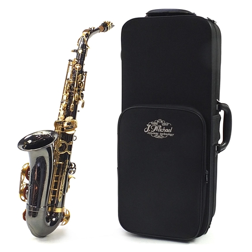 399 - J Michael, chrome plated and brass alto saxophone with protective case, numbered DG042, 62 cm in len... 