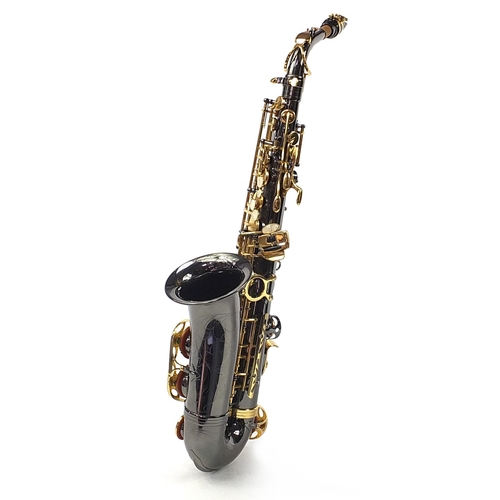 399 - J Michael, chrome plated and brass alto saxophone with protective case, numbered DG042, 62 cm in len... 