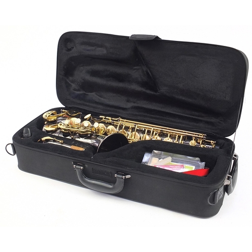 399 - J Michael, chrome plated and brass alto saxophone with protective case, numbered DG042, 62 cm in len... 