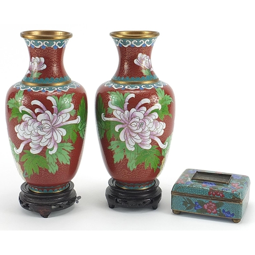 563 - Pair of Chinese metal cloisonne vases with hardwood stands and box and cover with hinged lid, each d... 