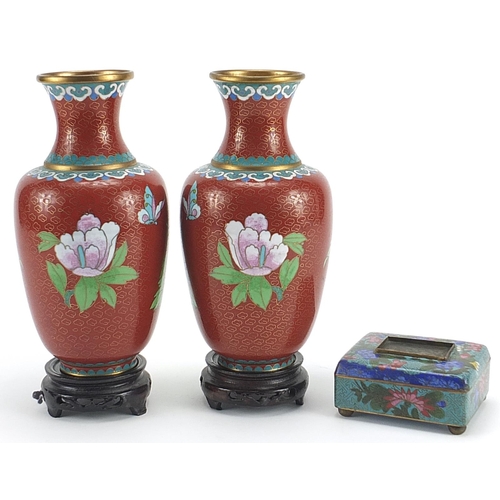 563 - Pair of Chinese metal cloisonne vases with hardwood stands and box and cover with hinged lid, each d... 