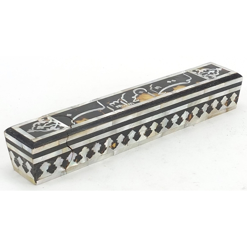 141 - Turkish mother of pearl and tortoiseshell pen box with calligraphy, 22.5cm wide