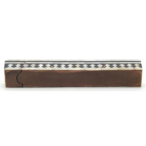 141 - Turkish mother of pearl and tortoiseshell pen box with calligraphy, 22.5cm wide