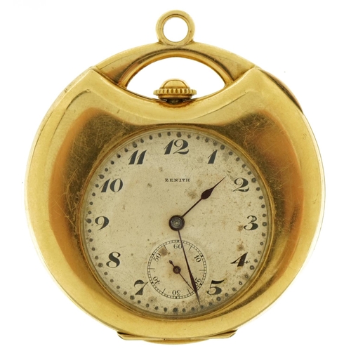 1408 - Zenith, Art Deco 18ct gold pocket watch, 4.6cm wide, 59.9g