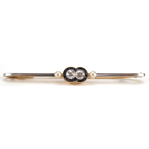 1424 - Art Deco 18ct two tone gold diamond, sapphire and seed pearl bar brooch, 5.5cm wide, 3.5g