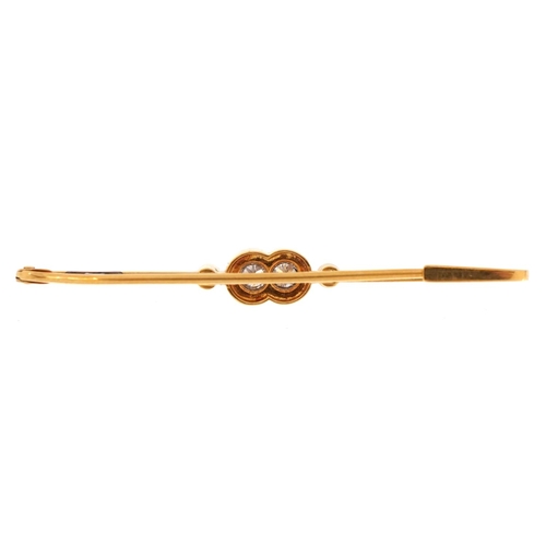 1424 - Art Deco 18ct two tone gold diamond, sapphire and seed pearl bar brooch, 5.5cm wide, 3.5g