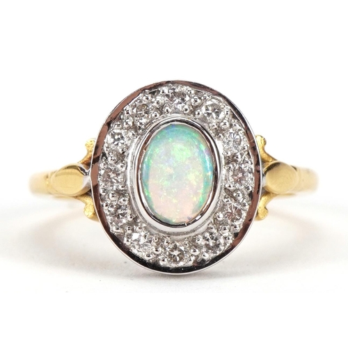 1404 - 18ct gold opal and diamond cluster ring, size O, 5.0g