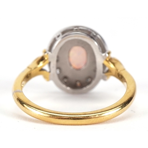 1404 - 18ct gold opal and diamond cluster ring, size O, 5.0g