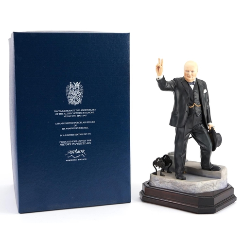 421 - Ashmore for Worcester porcelain commemorative figure of Sir Winston Churchill raised on a wooden pli... 