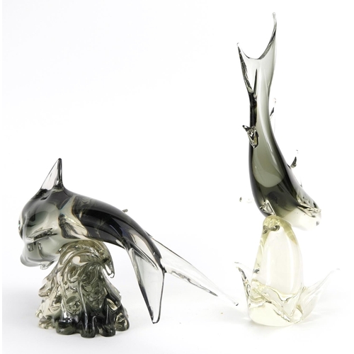 55 - Two large Murano smoked glass fish sculptures, the largest 40cm in length