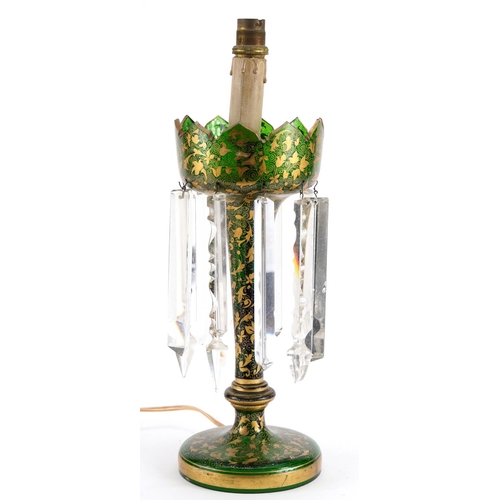 358 - 19th century Bohemian green flashed glass lustre gilded with foliage, 32cm high