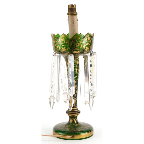 358 - 19th century Bohemian green flashed glass lustre gilded with foliage, 32cm high