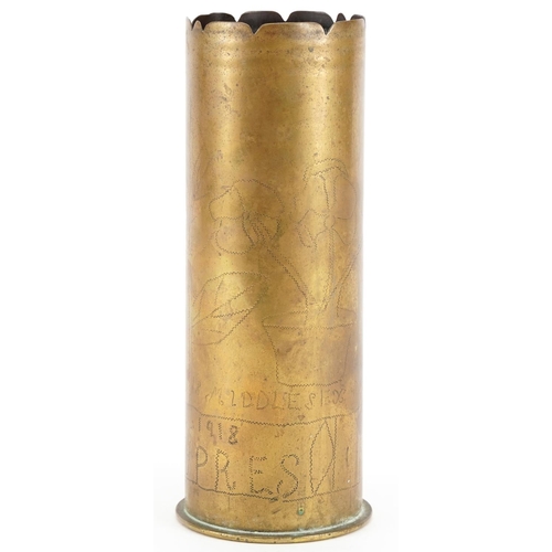 1385 - Military interest World War I trench art shell case engraved 18 Middlesex Regiment, 23cm high