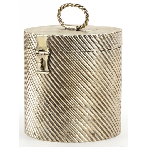 495 - Cylindrical silver plated box with hinged lid, 14cm high