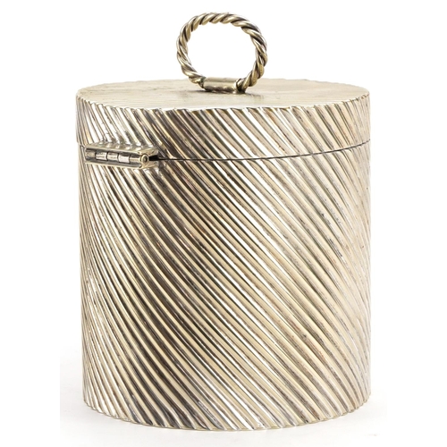 495 - Cylindrical silver plated box with hinged lid, 14cm high