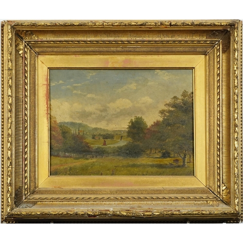 222 - River landscape with trees and boats, 19th/20th century oil on board, Winsor & Newton label verso, m... 