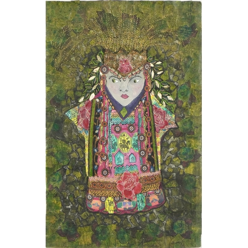 345 - Liz Tarr - Bulgarian woman IV, mixed media, Creaser Gallery, London label verso, mounted, framed and... 