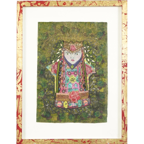 345 - Liz Tarr - Bulgarian woman IV, mixed media, Creaser Gallery, London label verso, mounted, framed and... 