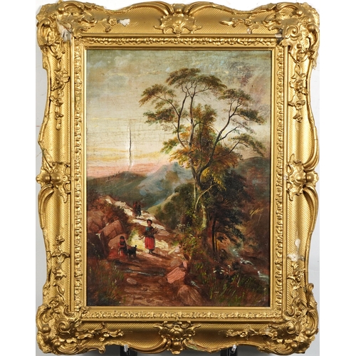 342 - Figures carrying wood before a mountainous landscape, 19th century oil on canvas housed in an ornate... 