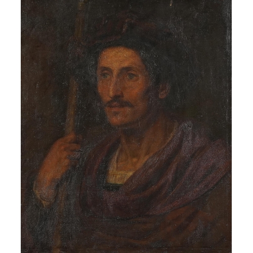 392 - Head and shoulders portrait of a gentleman wearing robes, antique oil on canvas, two figures before ... 