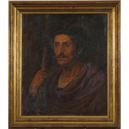 392 - Head and shoulders portrait of a gentleman wearing robes, antique oil on canvas, two figures before ... 