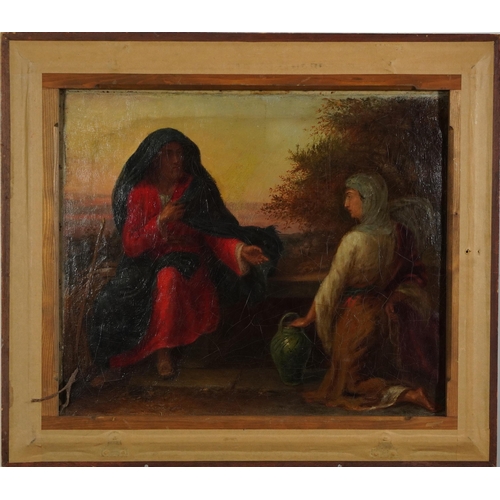 392 - Head and shoulders portrait of a gentleman wearing robes, antique oil on canvas, two figures before ... 