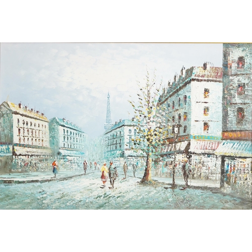 393 - Burnett - Parisian street scene with figures, Impressionist oil on canvas, framed, 90cm x 60cm exclu... 