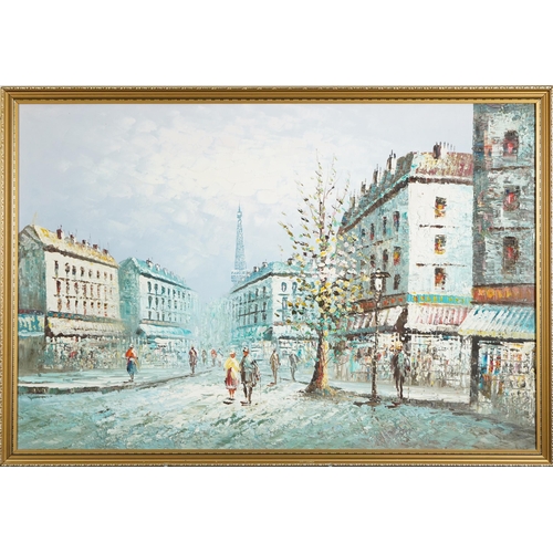 393 - Burnett - Parisian street scene with figures, Impressionist oil on canvas, framed, 90cm x 60cm exclu... 