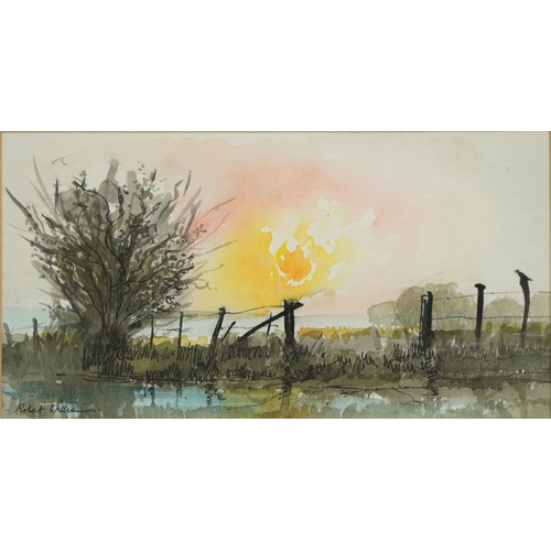 584 - Robert William - Sunset on the Marsh, ink and watercolour, details verso, mounted, framed and glazed... 